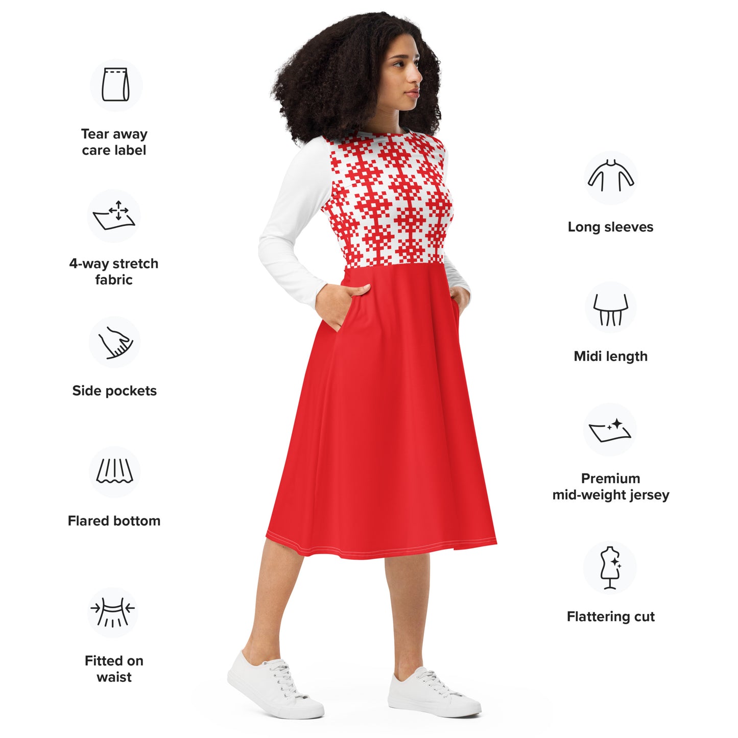 All-over print long sleeve midi dress